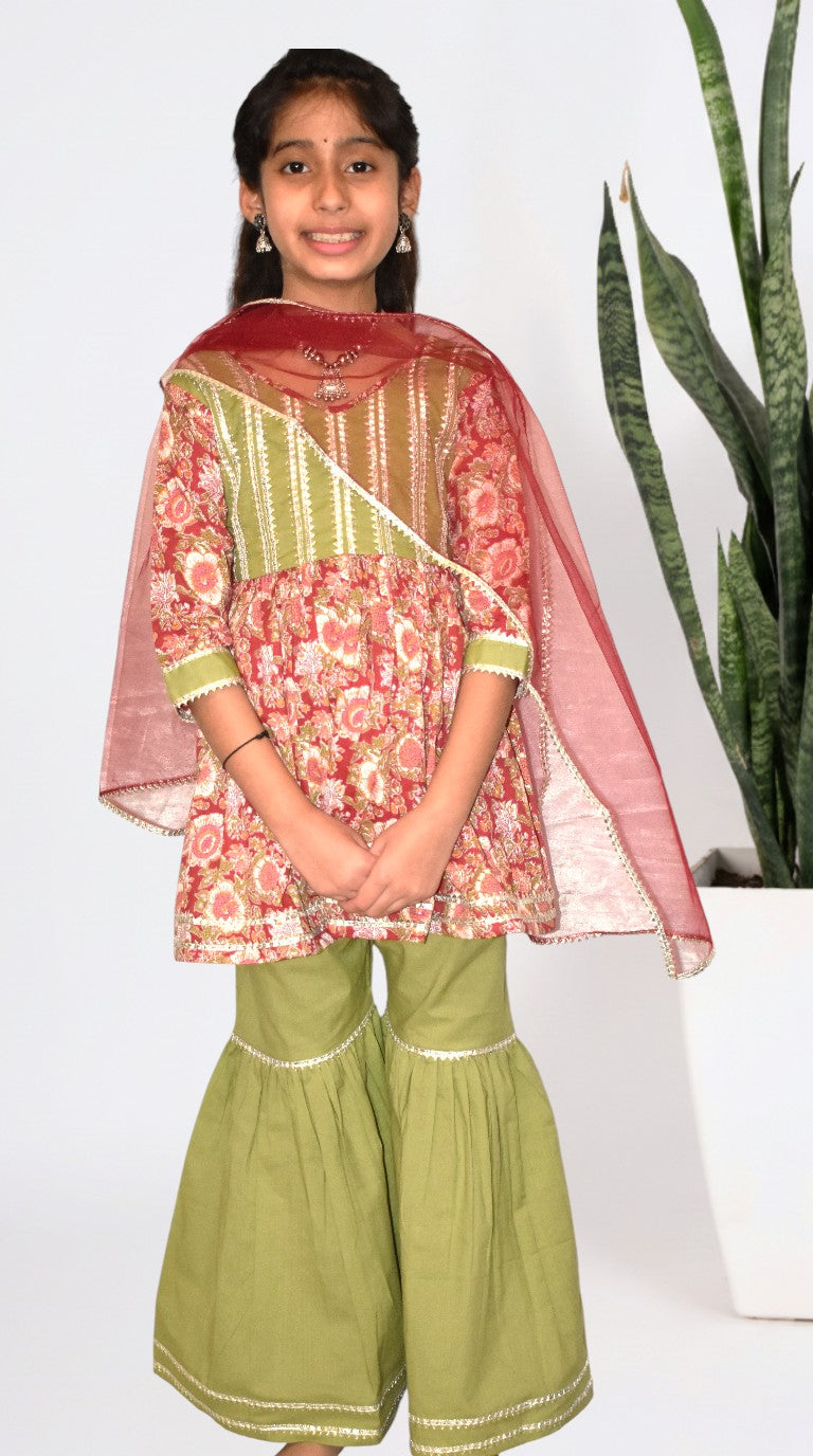 Girls floral red and green sharara set