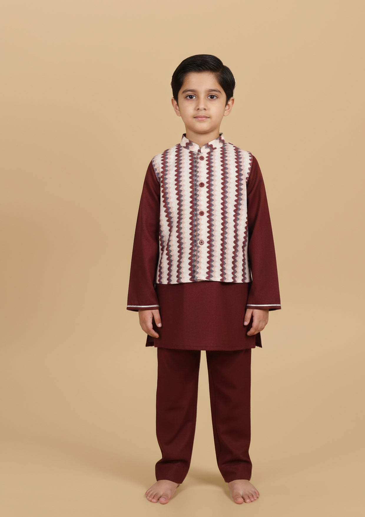 Siavi Shakti - Burgundy lehenga with striped blouse and dupatta for women