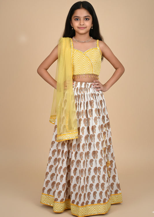 Yellow paisley lehenga with zig zag blouse and net dupatta