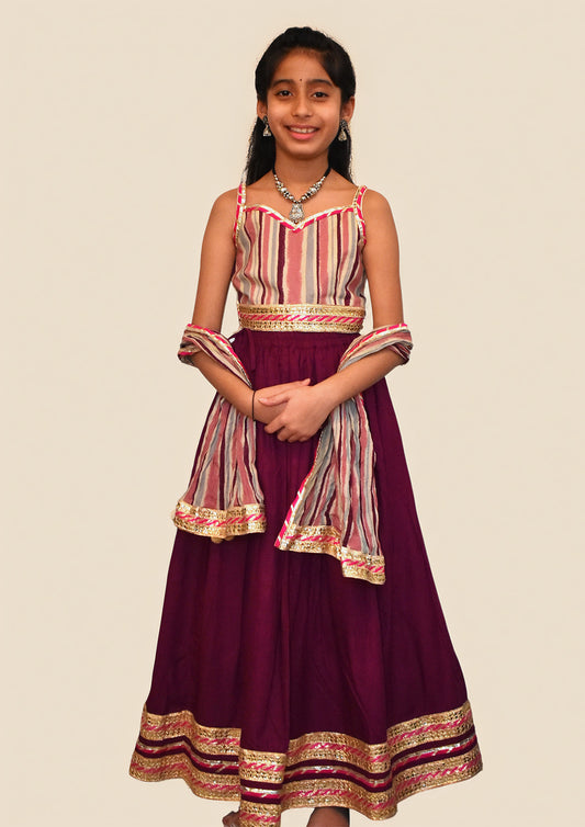 Burgundy lehenga with striped blouse and dupatta