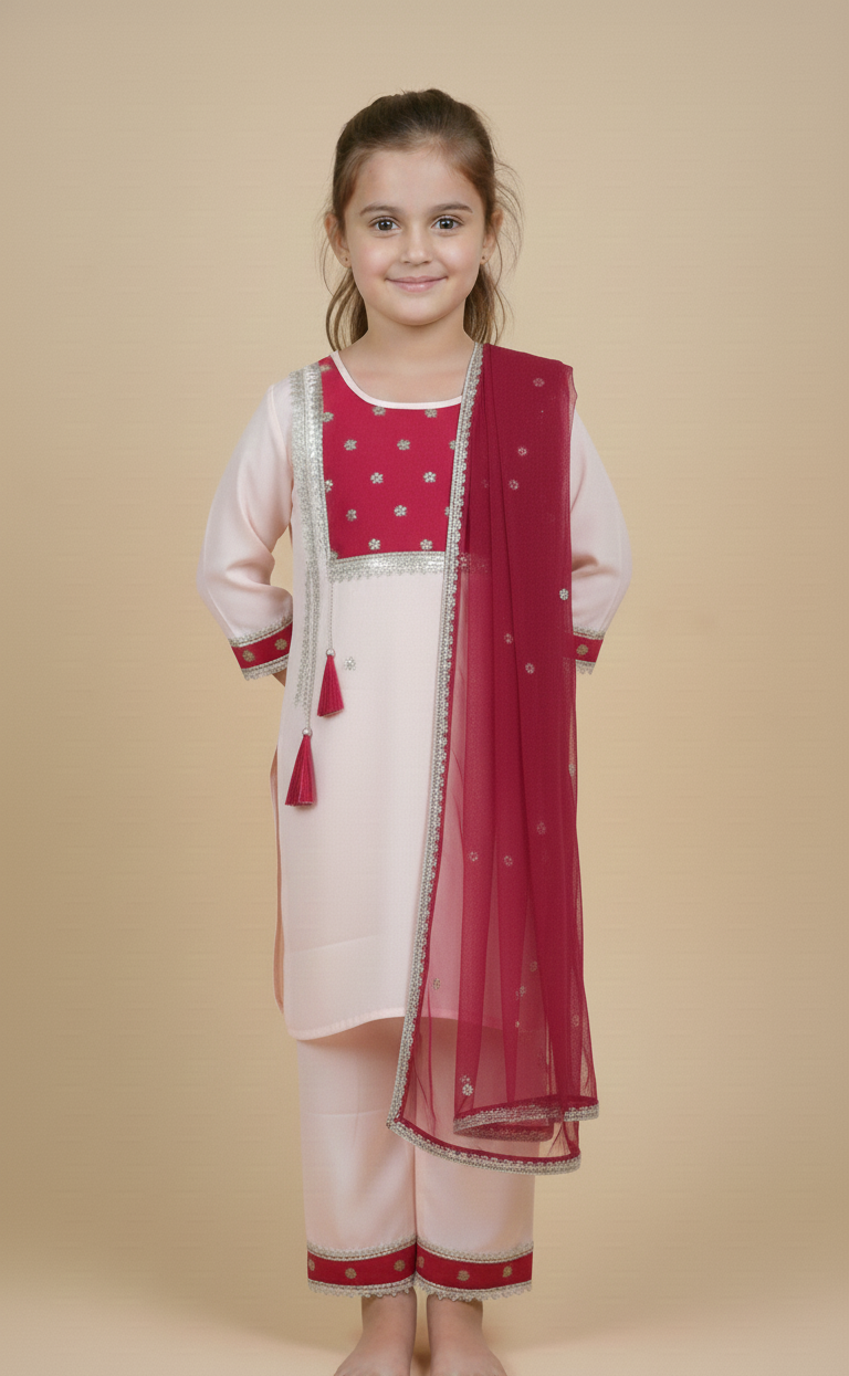 Siavi Kamal - Pink kurta payjama with  maroon dupatta set of 3 for women