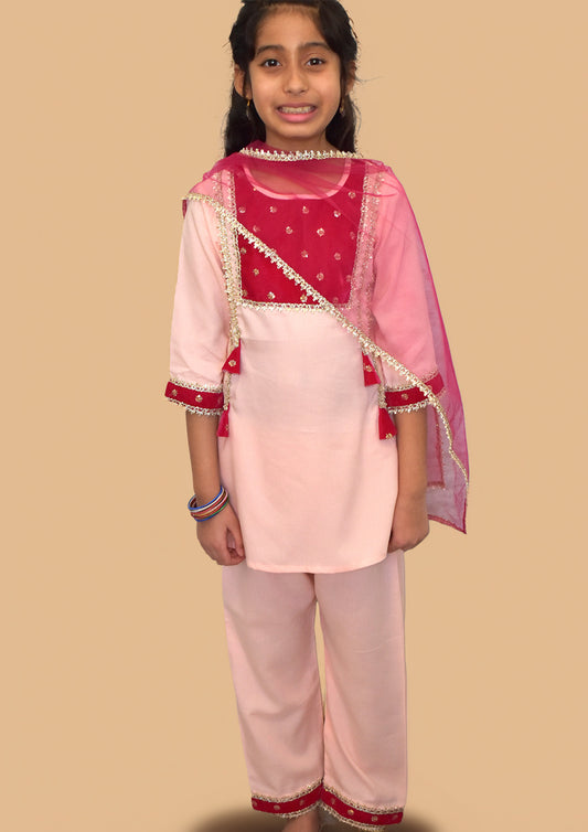 Pink kurta payjama with  maroon dupatta set of 3