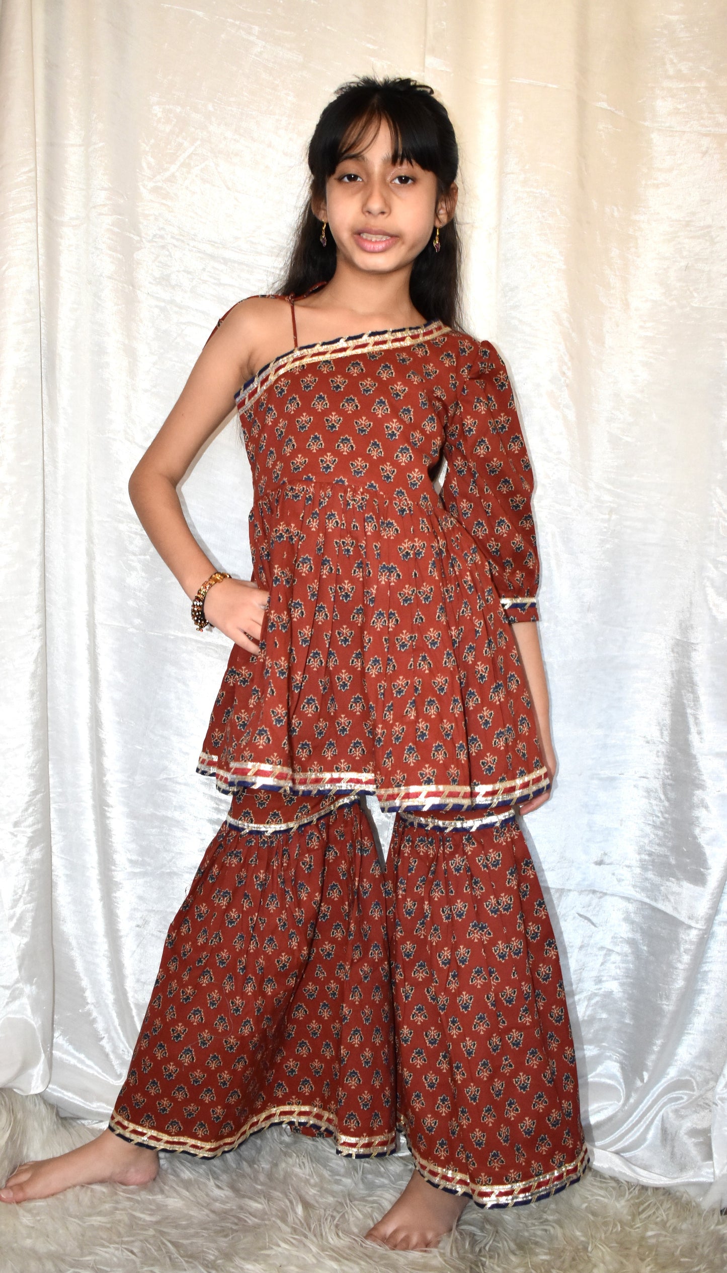 Maroon booti off shoulder printed peplum coord set for girls