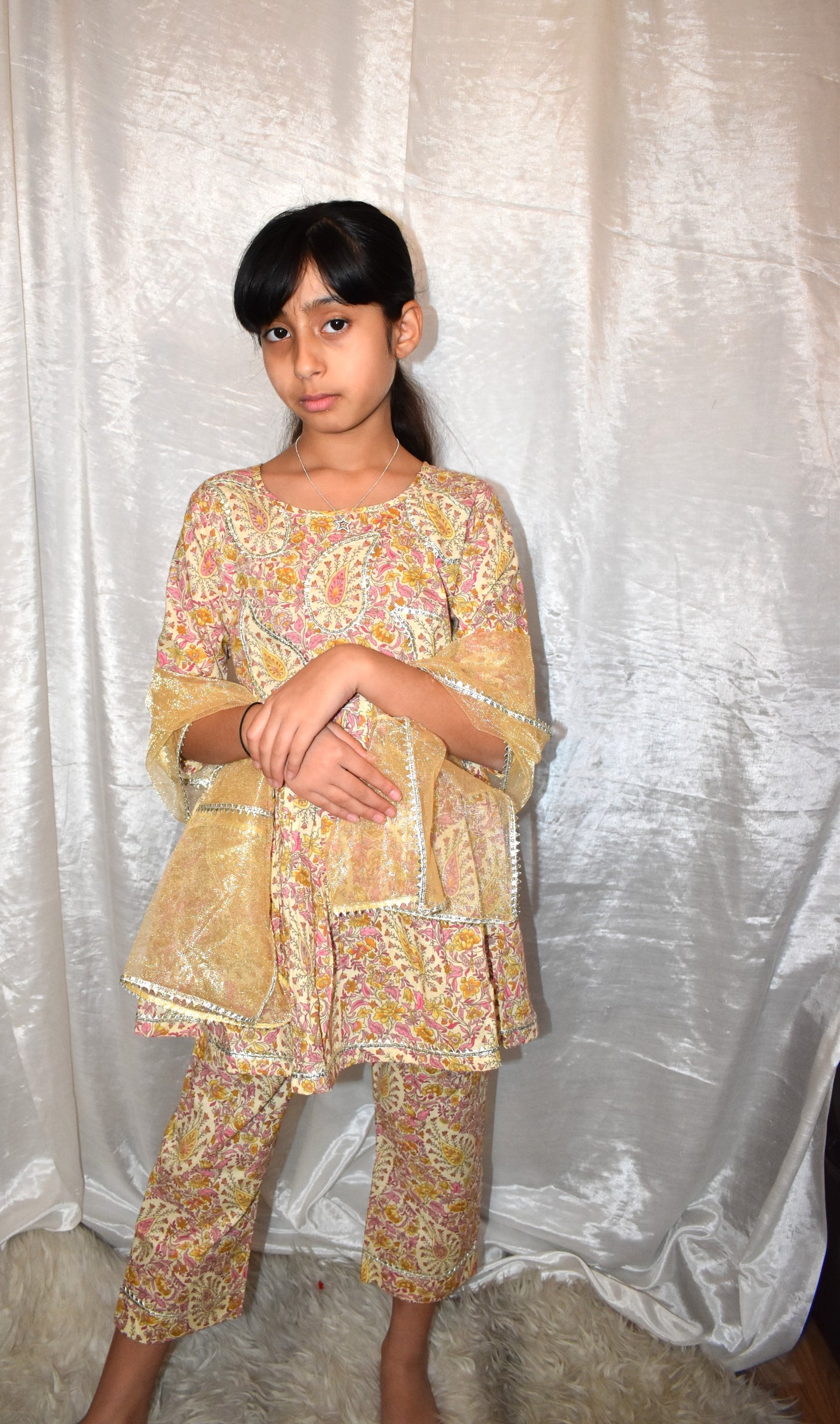 Beige paisley coord set with a gold dupatta