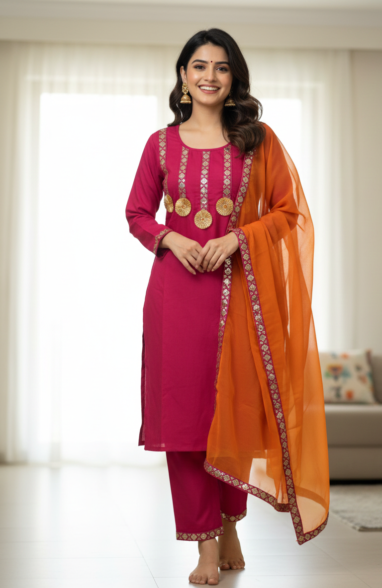 Siavi Gulabo - Pink Suit set with Orange dupatta set of 3 for women