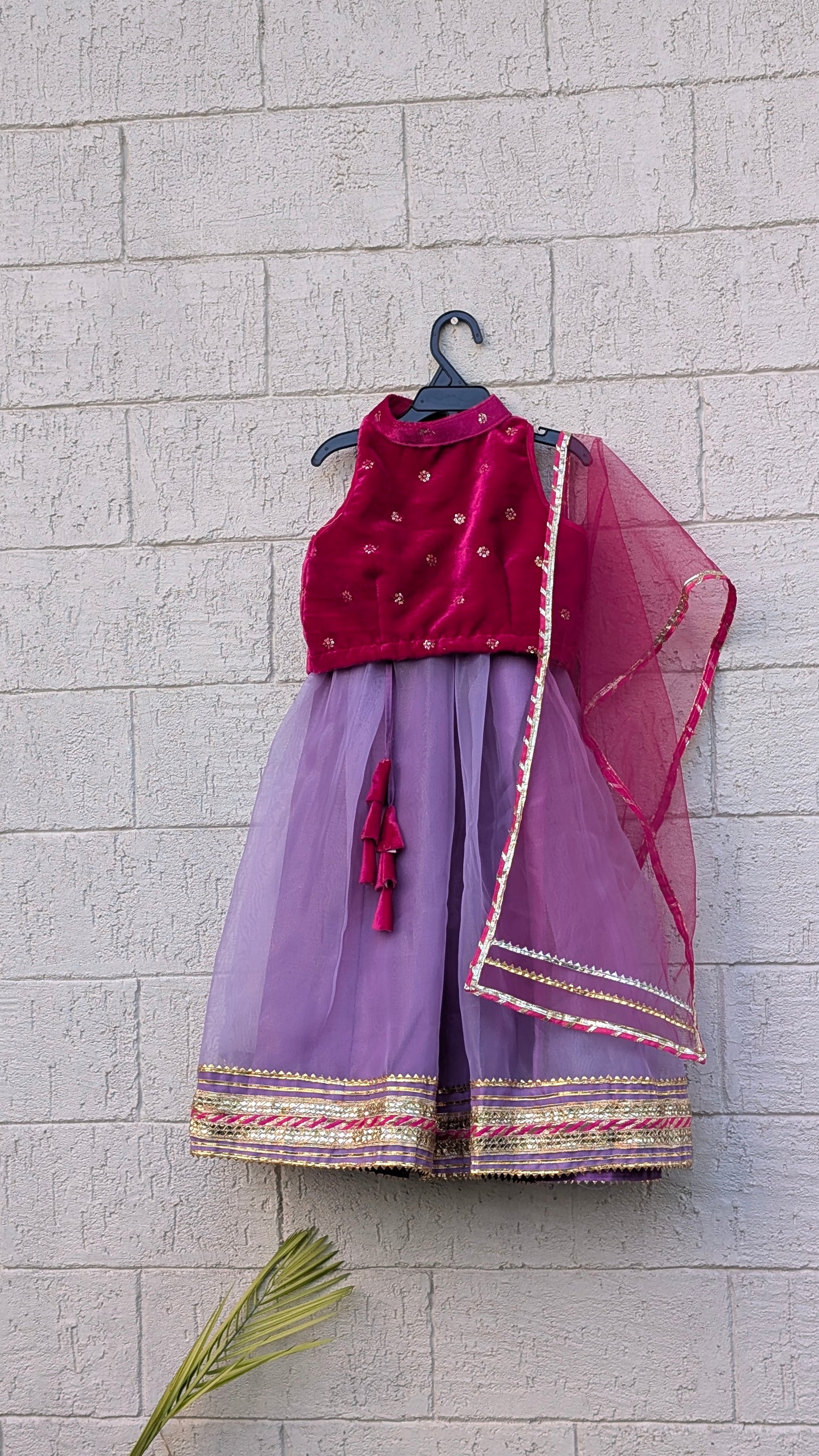 Purple Organza Lehenga with Pink Velvet Blouse for girls - set of 3 Regular price