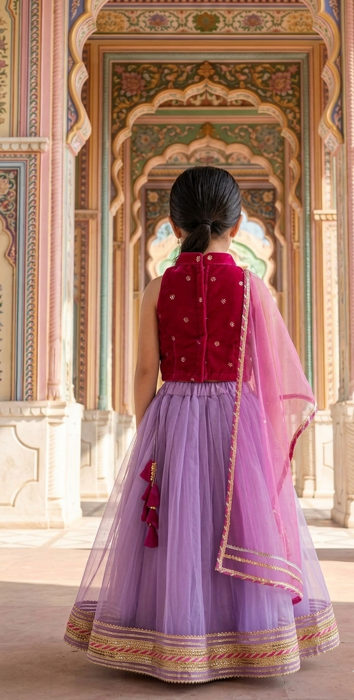 Purple Organza Lehenga with Pink Velvet Blouse for girls - set of 3 Regular price