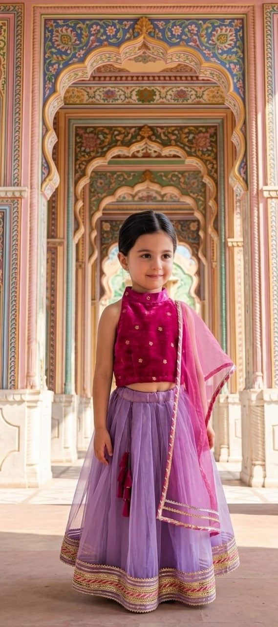 Purple Organza Lehenga with Pink Velvet Blouse for girls - set of 3 Regular price