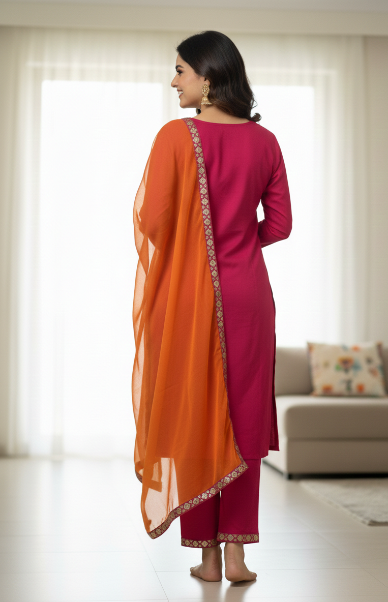 Siavi Gulabo - Pink Suit set with Orange dupatta set of 3 for women