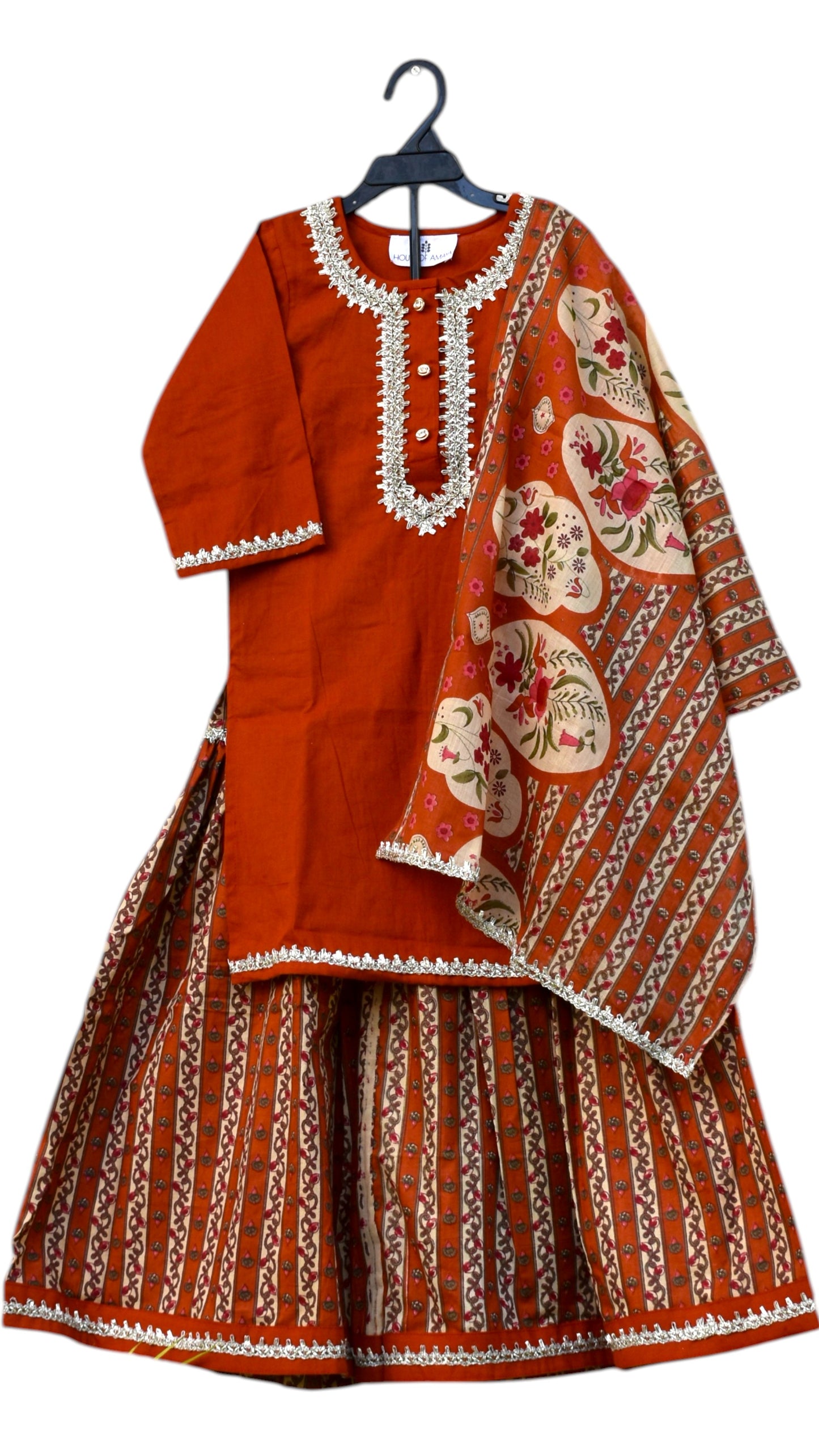 Brick Orange Printed Sharara Set for girls - set of 3