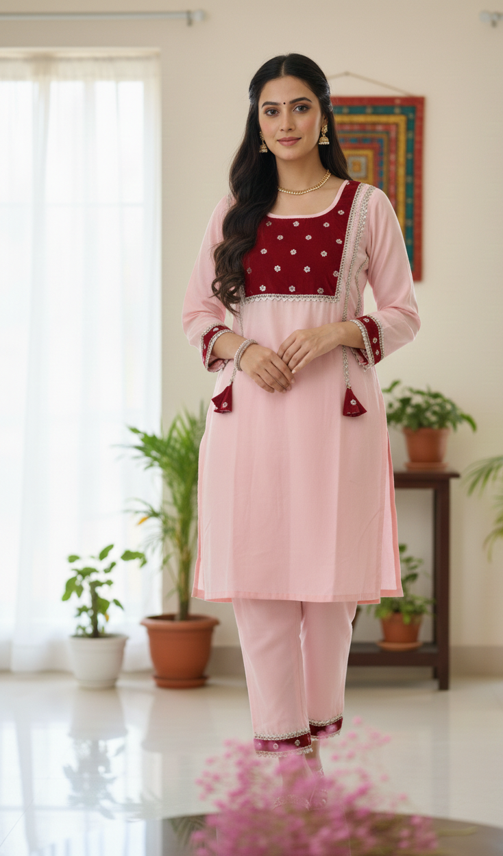 Siavi Kamal - Pink kurta payjama with  maroon dupatta set of 3 for women