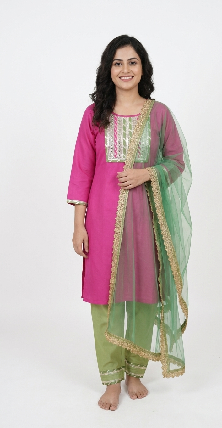 Siavi Ira - Pink kurta with green payjama and dupatta set for women