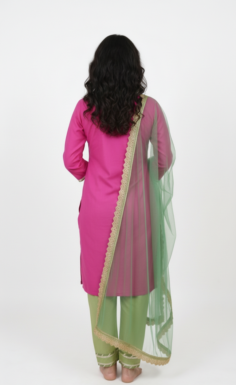Siavi Ira - Pink kurta with green payjama and dupatta set for women