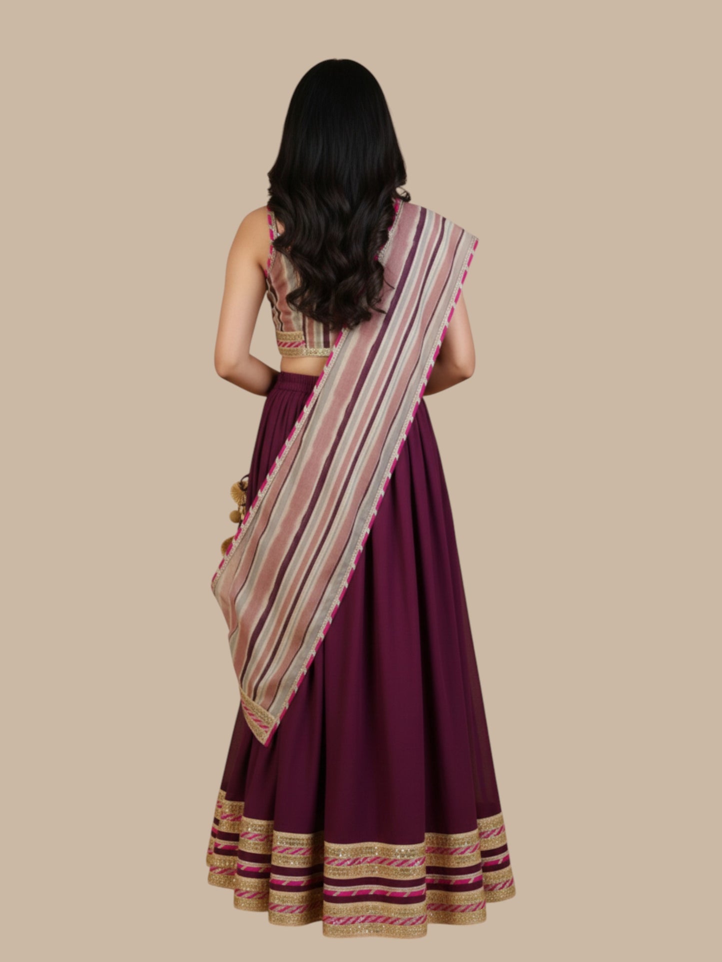Siavi Shakti - Burgundy lehenga with striped blouse and dupatta for women