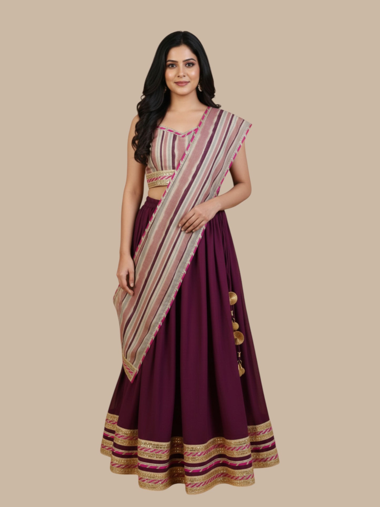 Siavi Shakti - Burgundy lehenga with striped blouse and dupatta for women