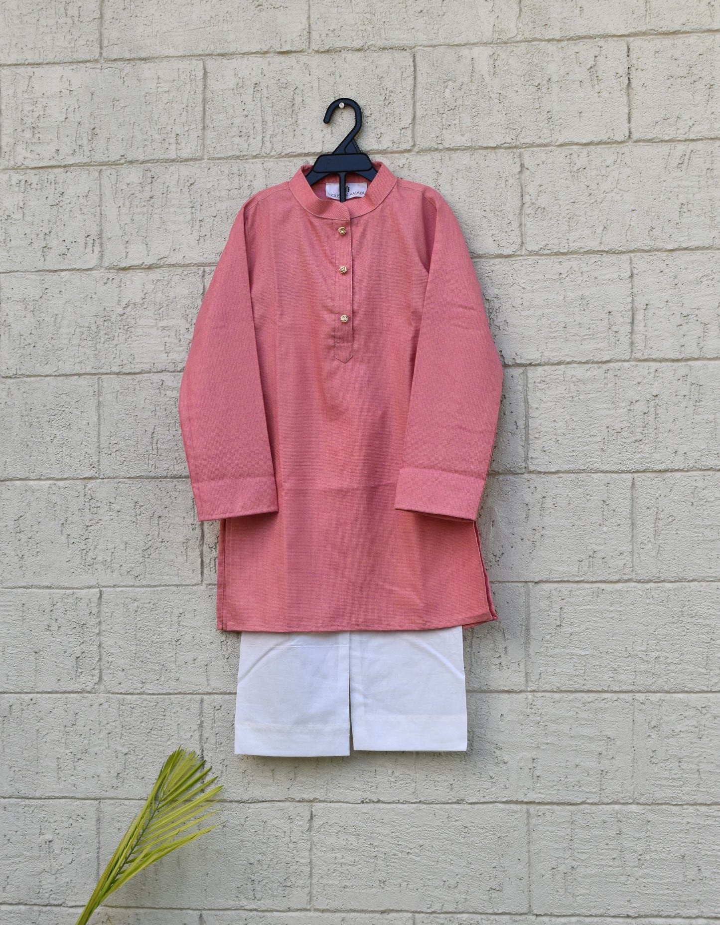 Boys Pink Silk Checks Kurta Payjama - Set of 2