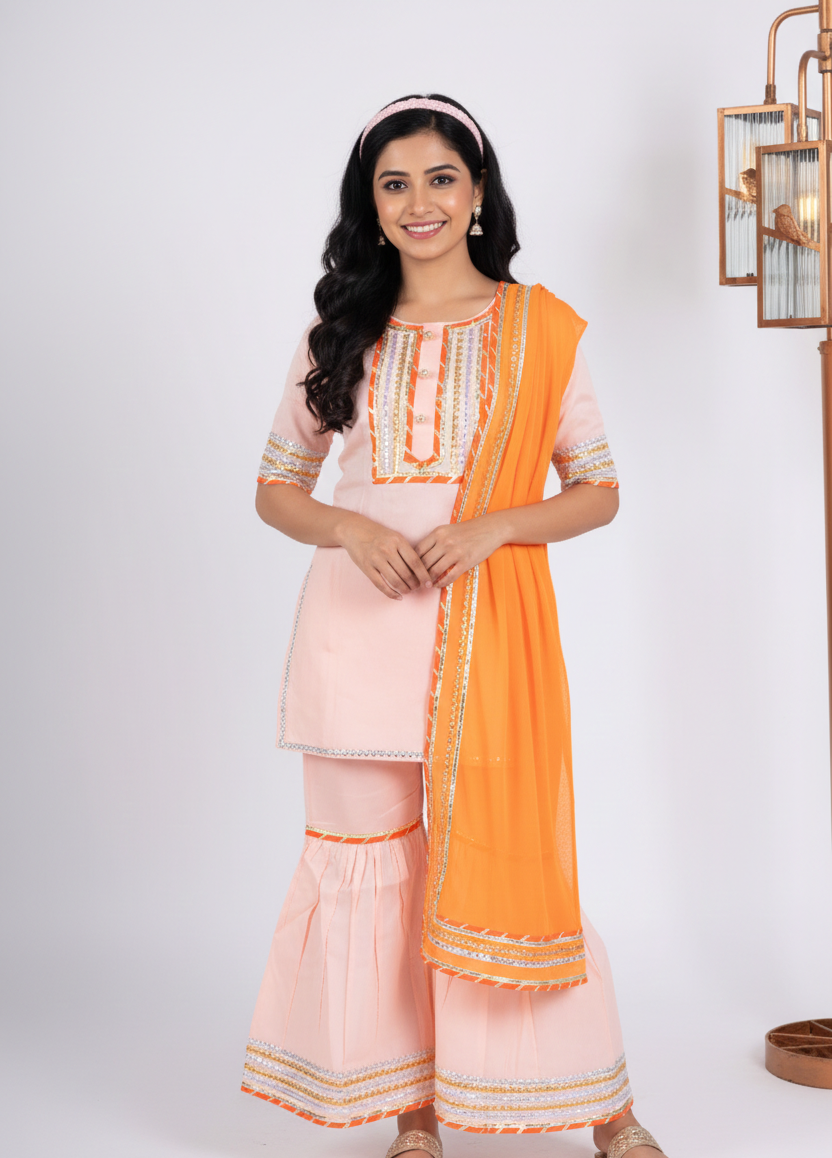 Peach sharara set with orange dupatta for women