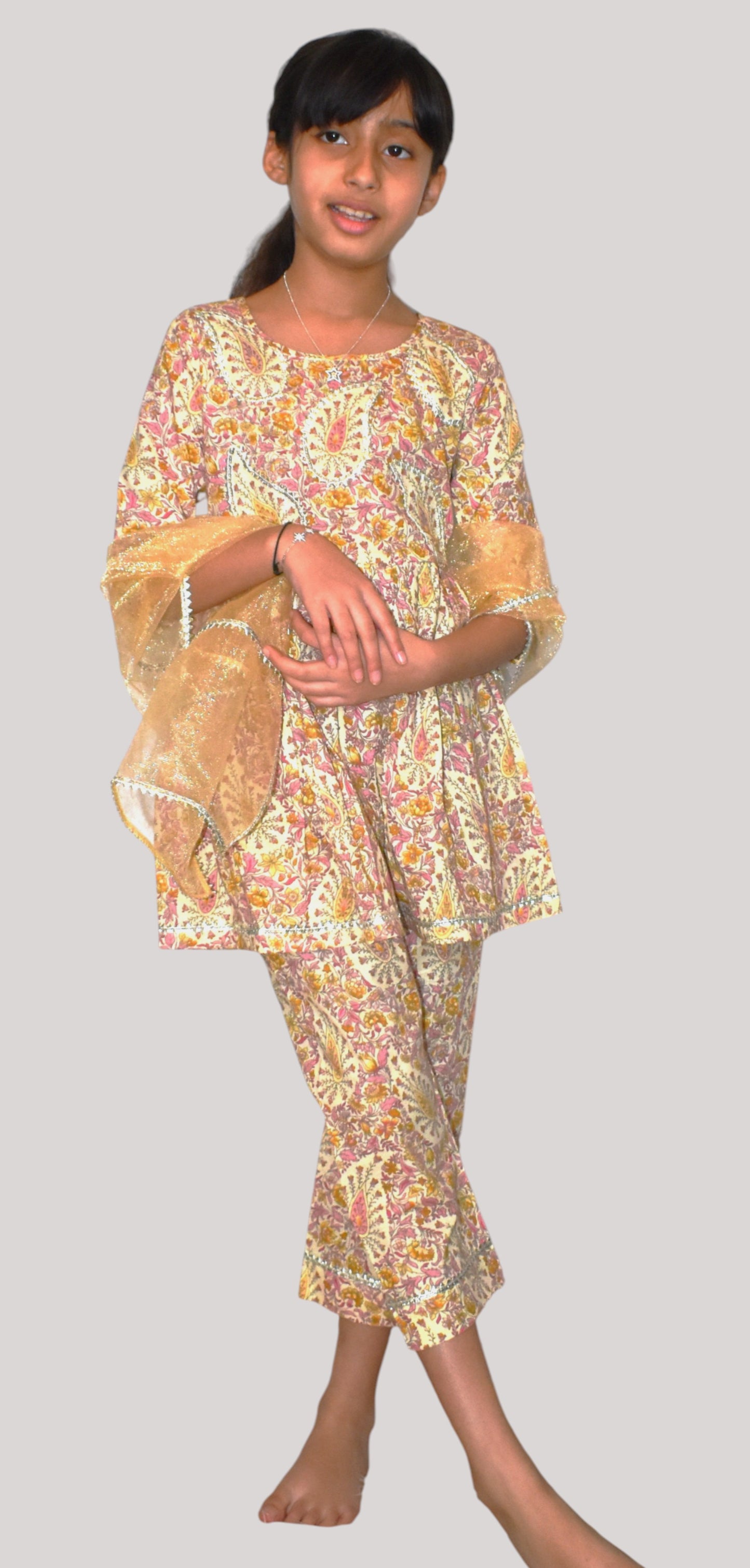 Beige paisley coord set with a gold dupatta