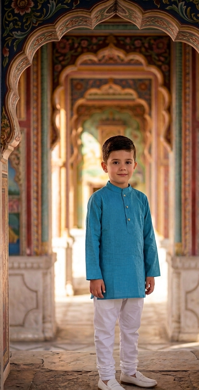 A young boy stands in a stone corridor framed by an ornate archway, wearing a bright turquoise-blue long kurta with white trousers and white shoes.