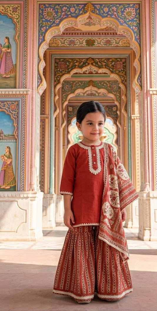 A young girl stands in front of an ornate, colorful archway, wearing a traditional Indian outfit consisting of a rust-red kurta with white embroidery, matching wide-leg pants, and a patterned dupatta.