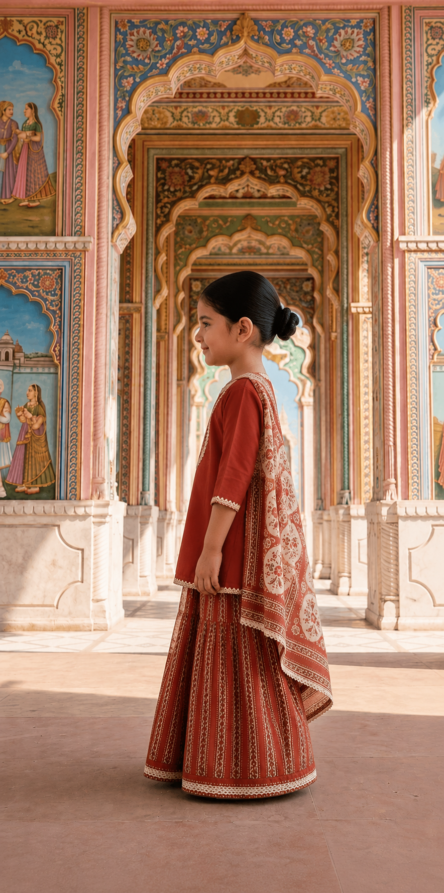 A young girl in profile wearing a traditional rust-red and gold embroidered Indian outfit with a patterned dupatta, standing in front of an ornate, painted archway.