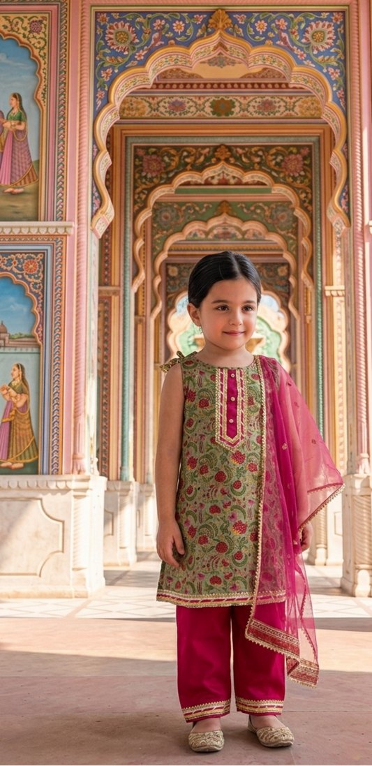 A young girl stands in front of an ornate pink and gold archway, wearing a traditional Indian outfit with a green floral kurta, magenta pants, and a matching sheer dupatta.