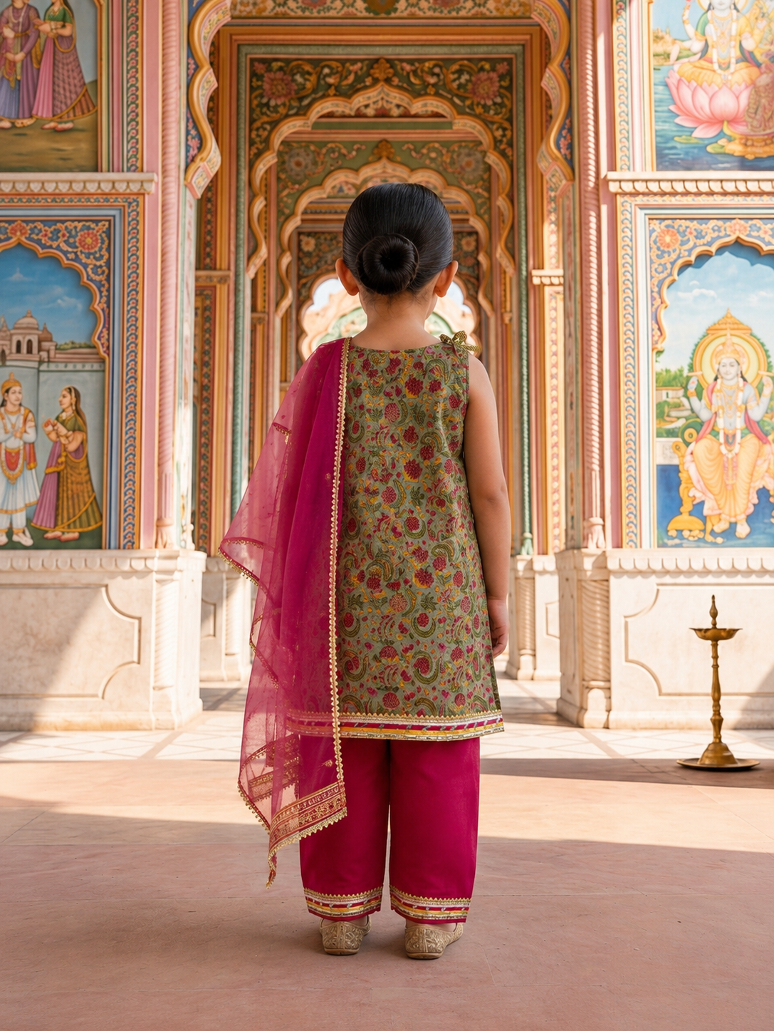 A child viewed from behind wearing a traditional Indian outfit with a green floral kurta, magenta pants, and a magenta dupatta, standing in front of an ornate painted archway.