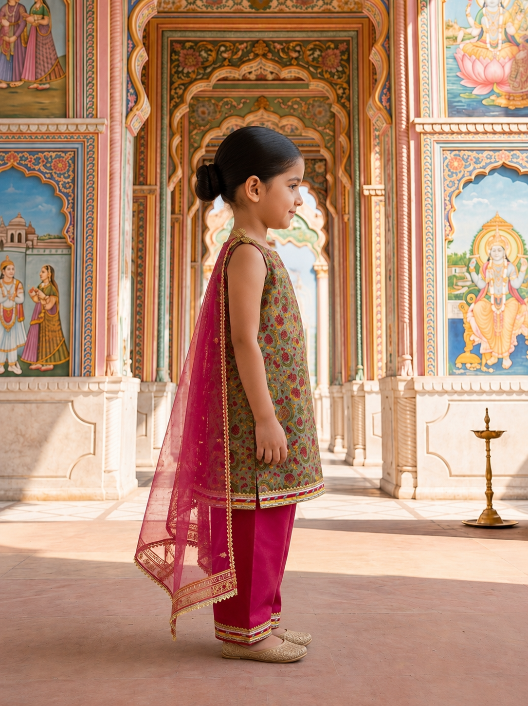 A young girl stands in profile wearing a traditional Indian outfit with a green floral kurta, bright pink pants, and a pink dupatta, set against an ornate, colorful palace corridor with painted murals.