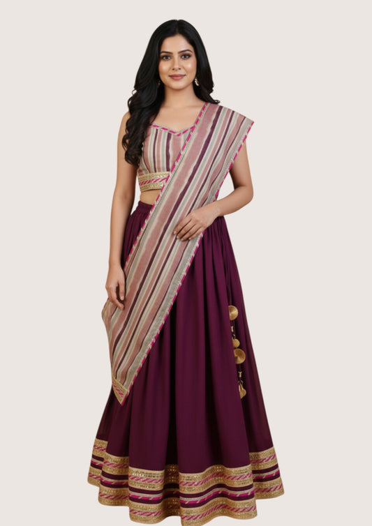 Siavi Shakti - Burgundy lehenga with striped blouse and dupatta for women
