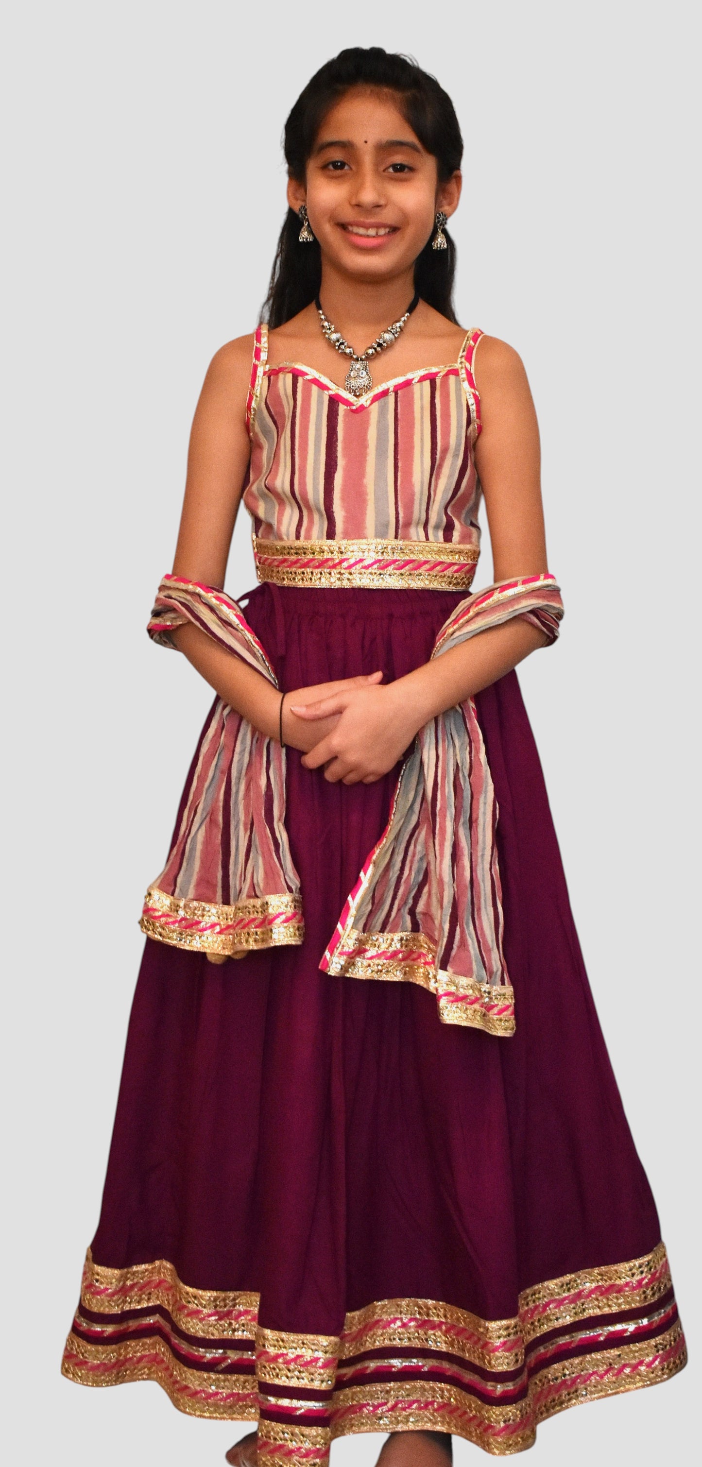 Burgundy lehenga with striped blouse and dupatta