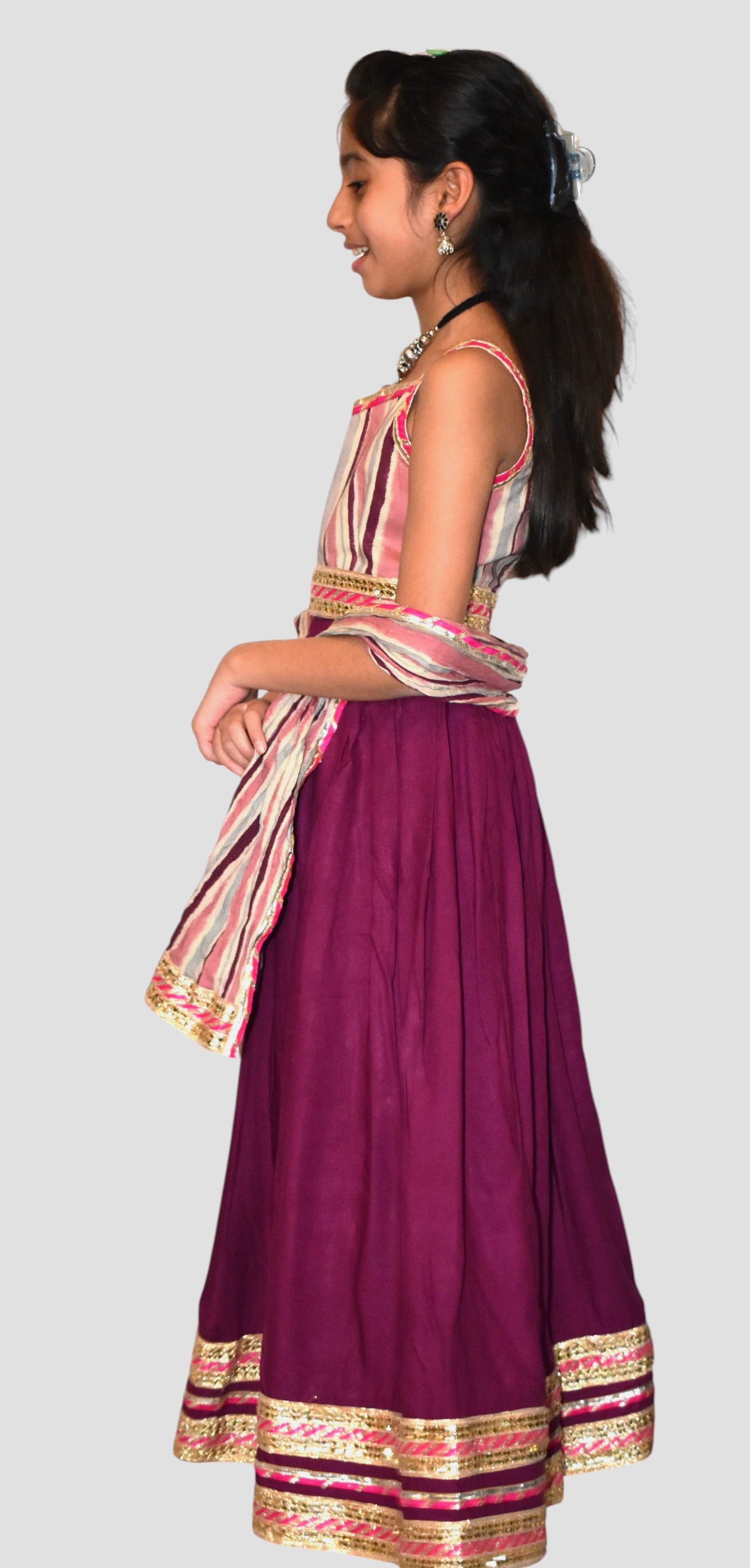 Burgundy lehenga with striped blouse and dupatta