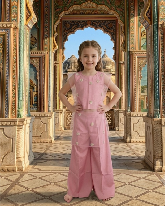 Pink Coord set for girls with an Emblished Net Cape Kurta