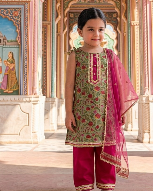 Green Printed Floral Kurta with Pink Payjama and Dupatta for girls - set of 3