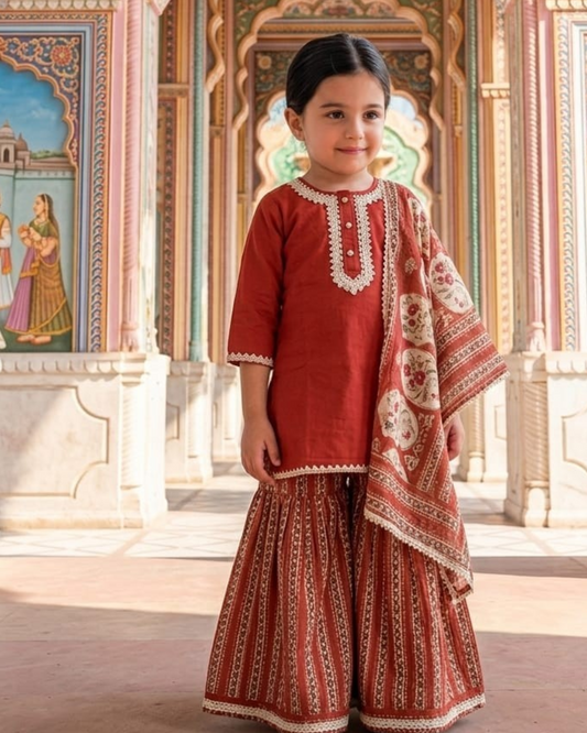 Brick Orange Printed Sharara Set for girls - set of 3