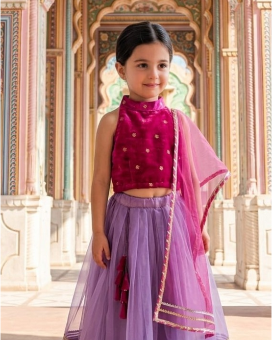 Purple Organza Lehenga with Pink Velvet Blouse for girls - set of 3 Regular price