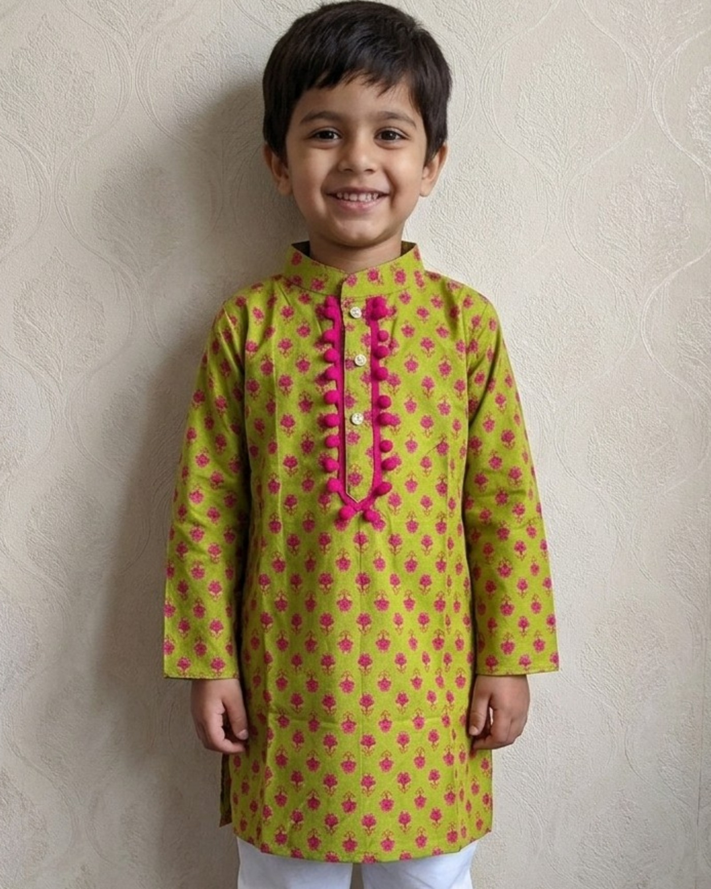 Pink Motif on green base kurta payjama for boys - set of 2