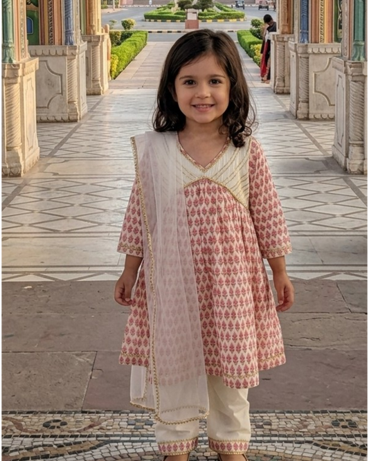 Pink Booti long anarkali with white payjama and net dupatta - set of 3