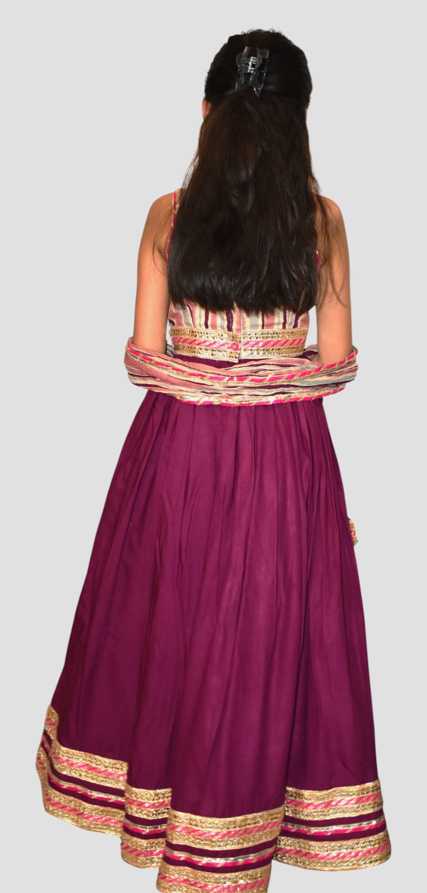 Burgundy lehenga with striped blouse and dupatta