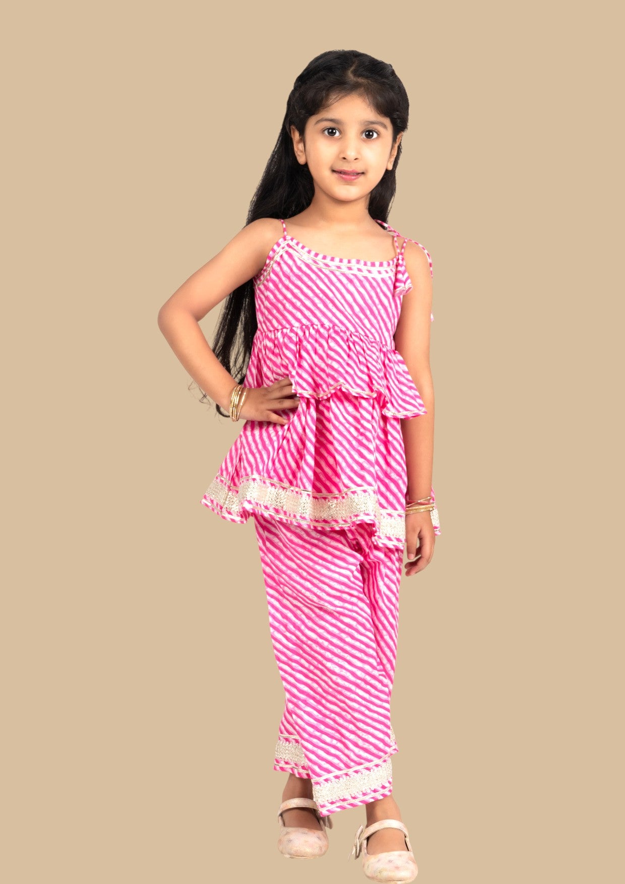 Pink girls leheriya coord set