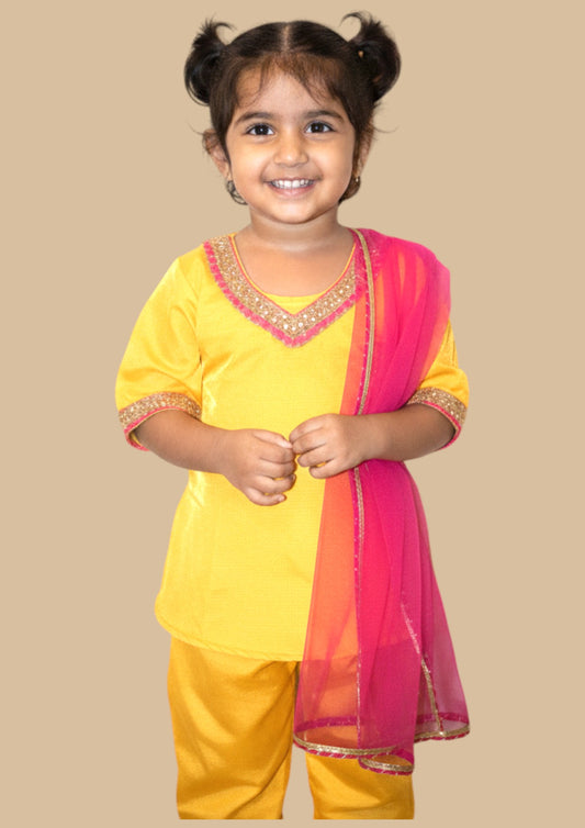 Yellow - girls velvet coord set with pink net dupatta