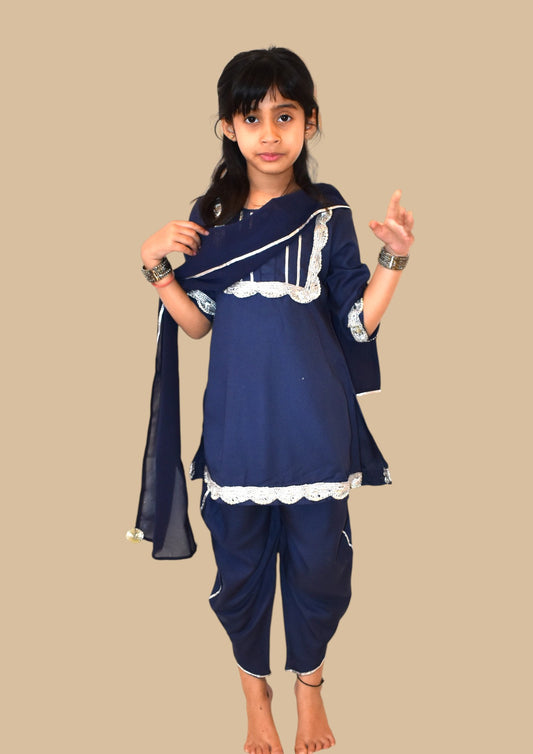 Peony Blue Dhoti Set of 3 - Kurta, dhoti and dupatta