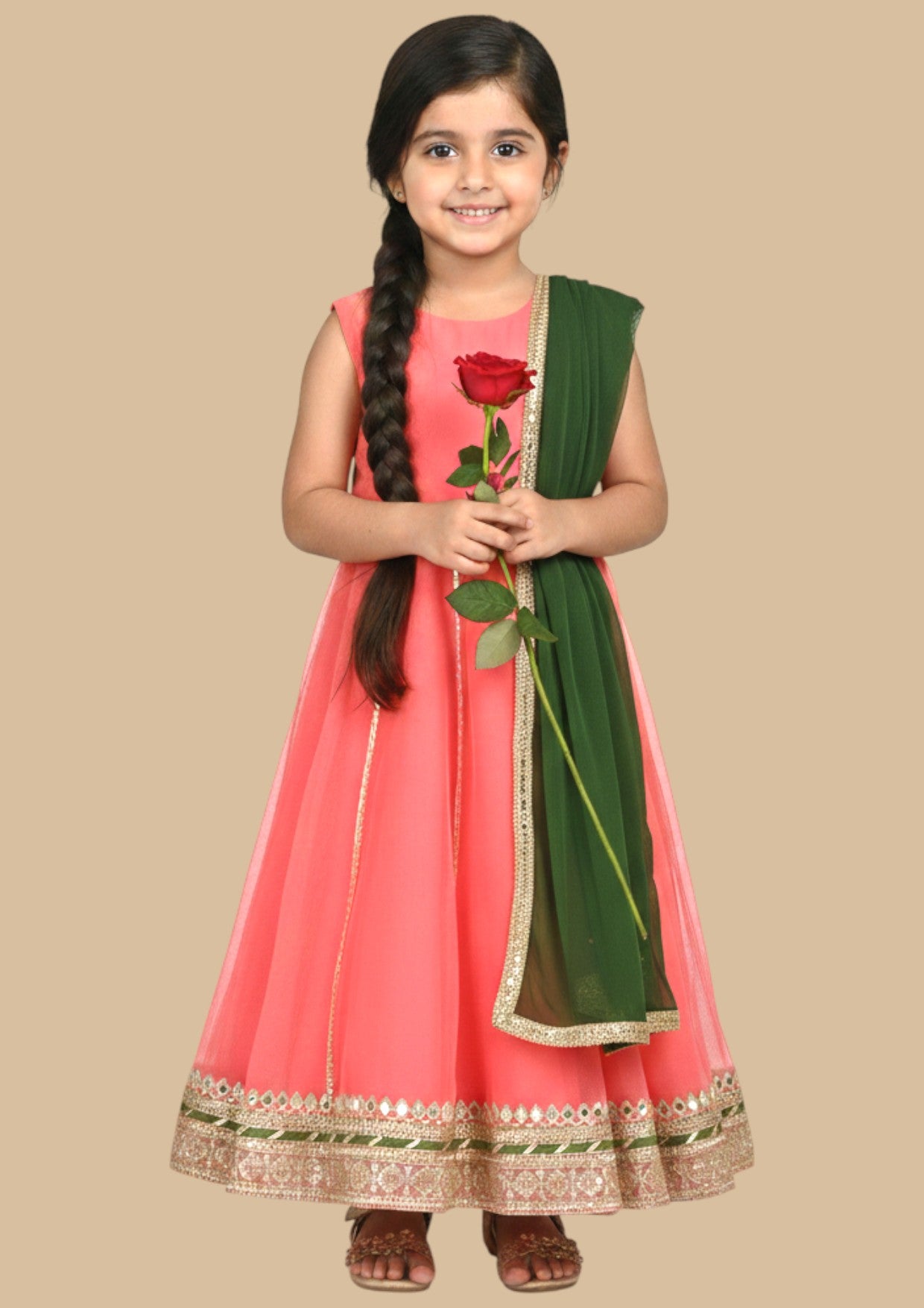 Coral long dress for girls with green dupatta