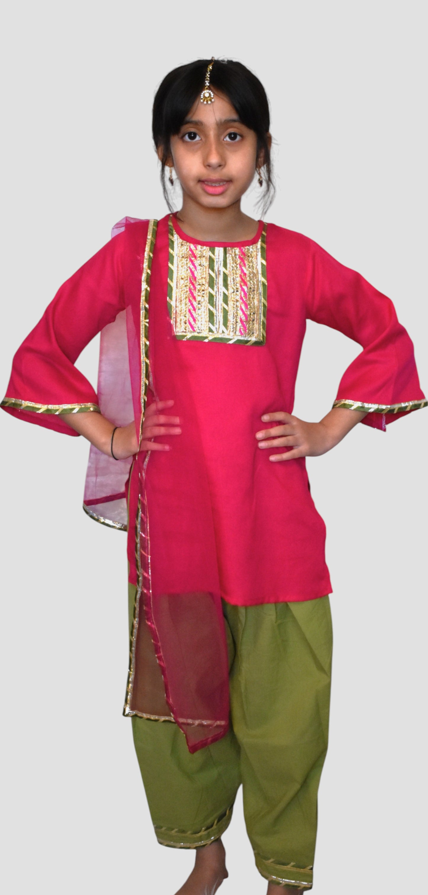 Pink kurta with green payjama and dupatta set