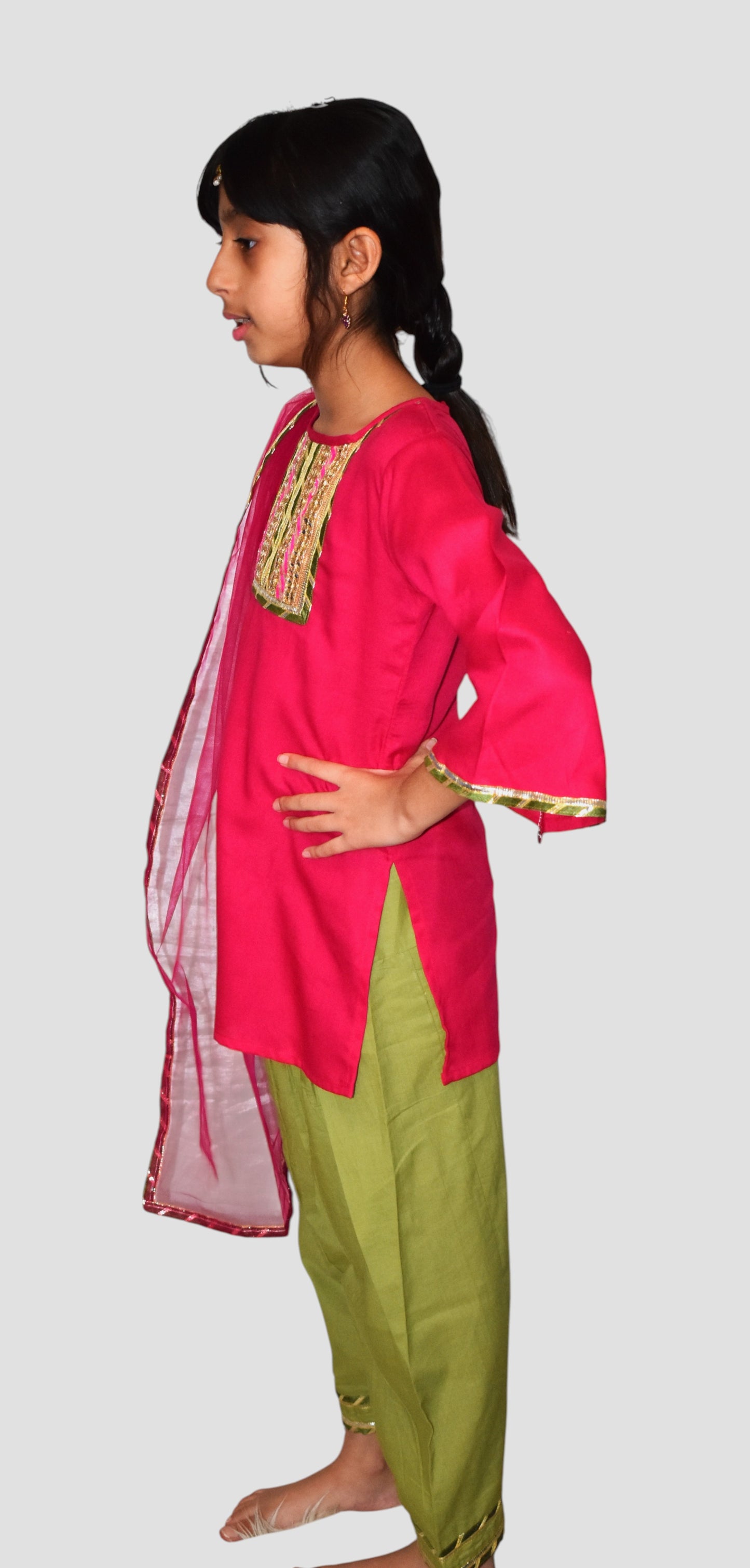 Pink kurta with green payjama and dupatta set